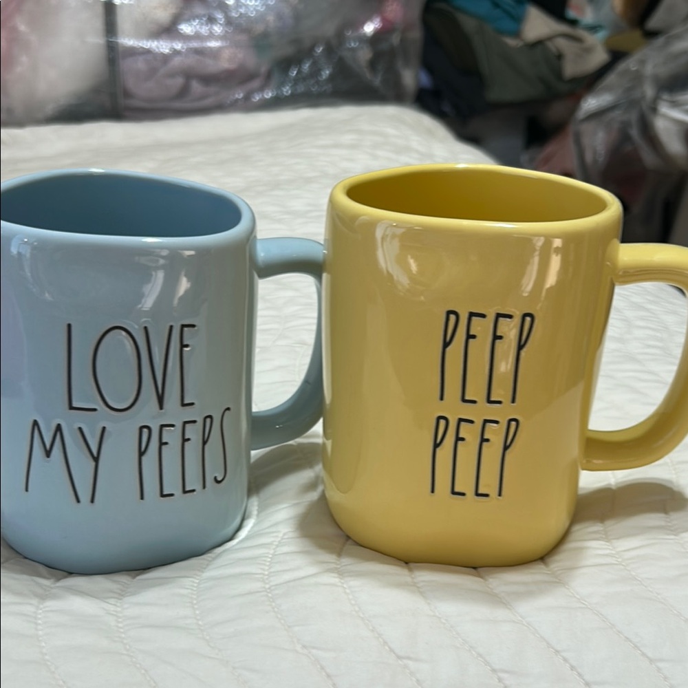 Rae Dunn Blue and Yellow Ceramic Mug Set